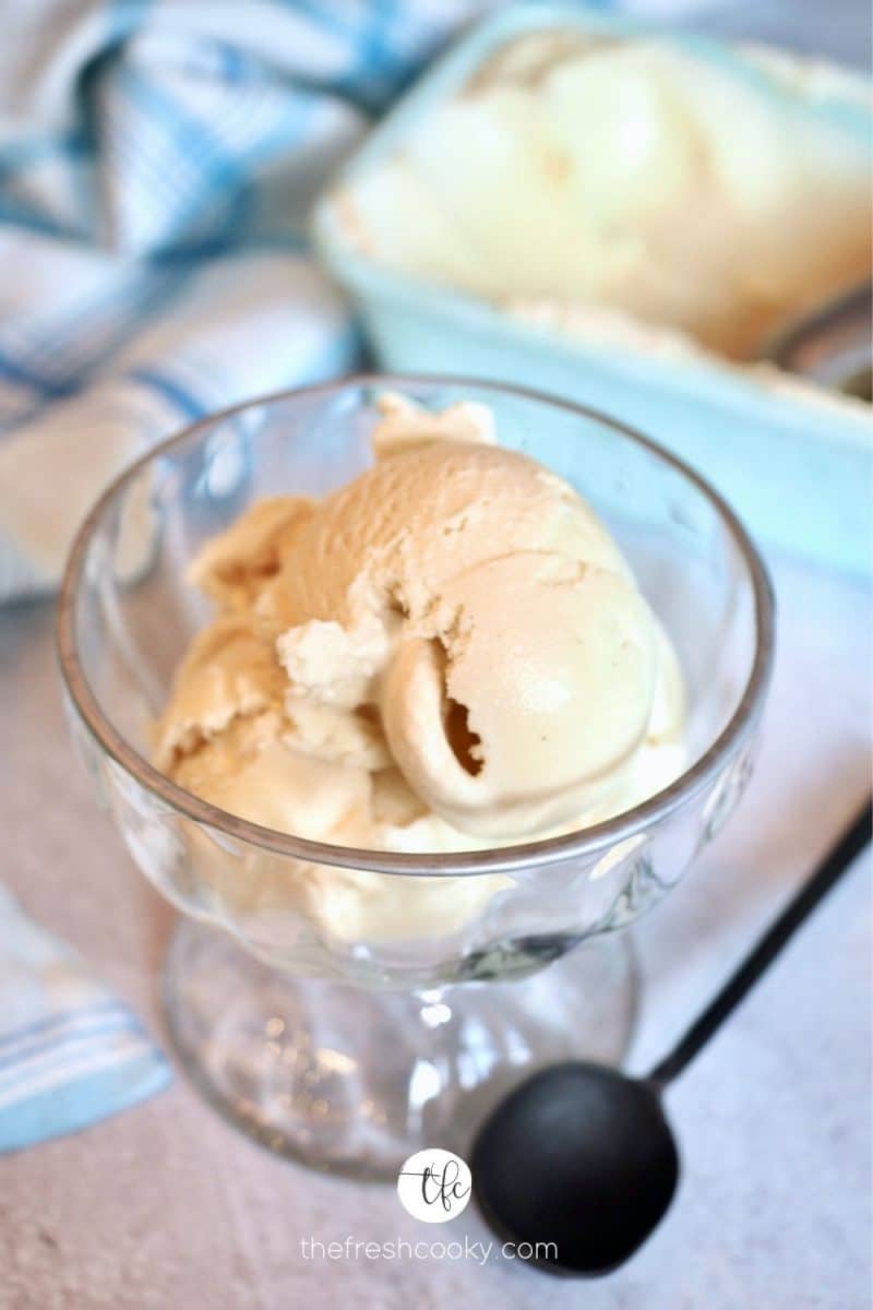 Glass bowl with black spoon filled with two scoops of old fashioned vanilla bean ice cream with container in background. 
