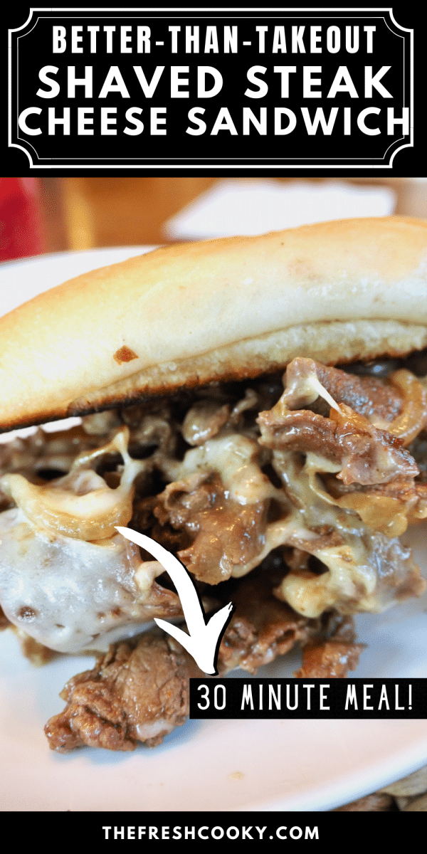 Pin for best shaved steak sandwich cheesesteak sandwich with image of close up of shaved steak cooked with sauce and melted cheese on a roll.