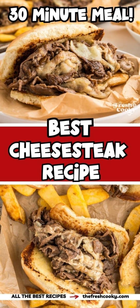 Cheesesteak sandwiches on a plate and on a tray surrounded by steak fries, for pinning.