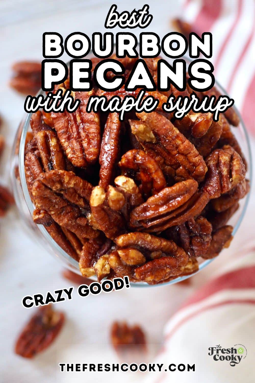 A glass bowl of bourbon pecans, to pin.