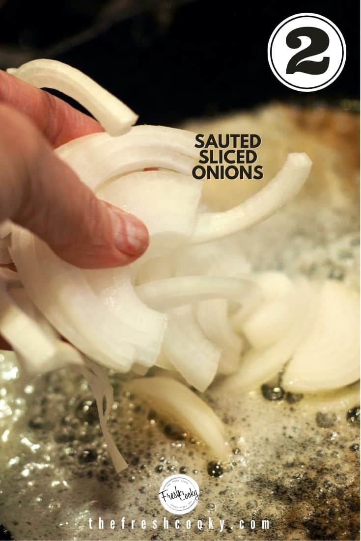 hand dropping in a hot skillet, sliced onions into sizzle butter