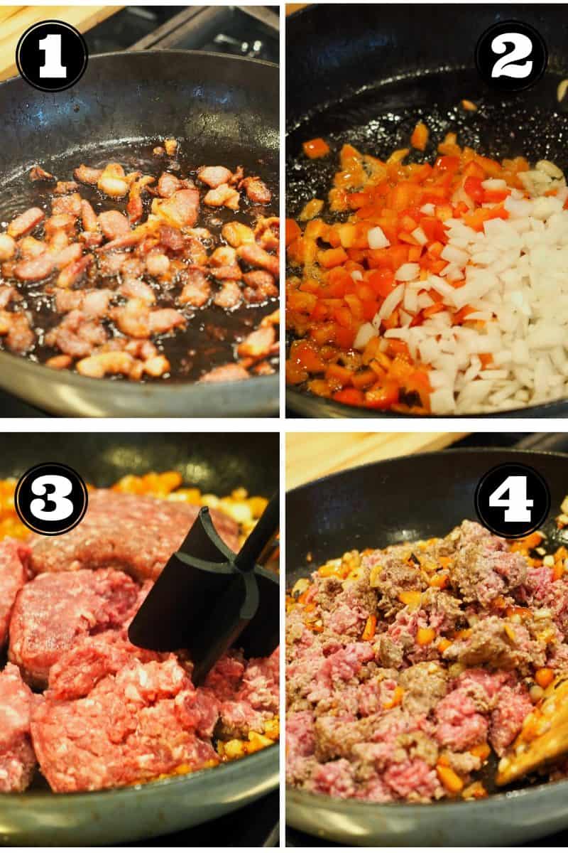 Process shots for Sloppy Joes. 1. crisping bacon, 2. browning onions, veggies. 3. browning ground beef. 4. adding beef and veggies together.