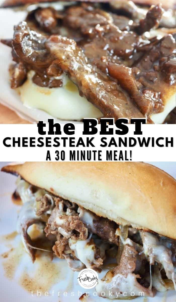 Long pin for Best Cheesesteak sandwich with top image of slices of shaved beef steak, covered in a gooey sauce and dripping in cheese all in a bun. 
