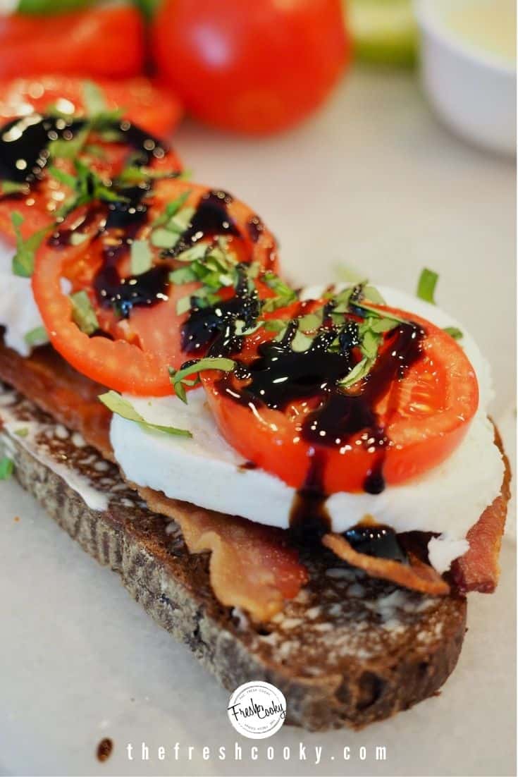 Image of bacon lettuce and tomato sandwich, with mozzarella cheese, basil and balsamic glaze