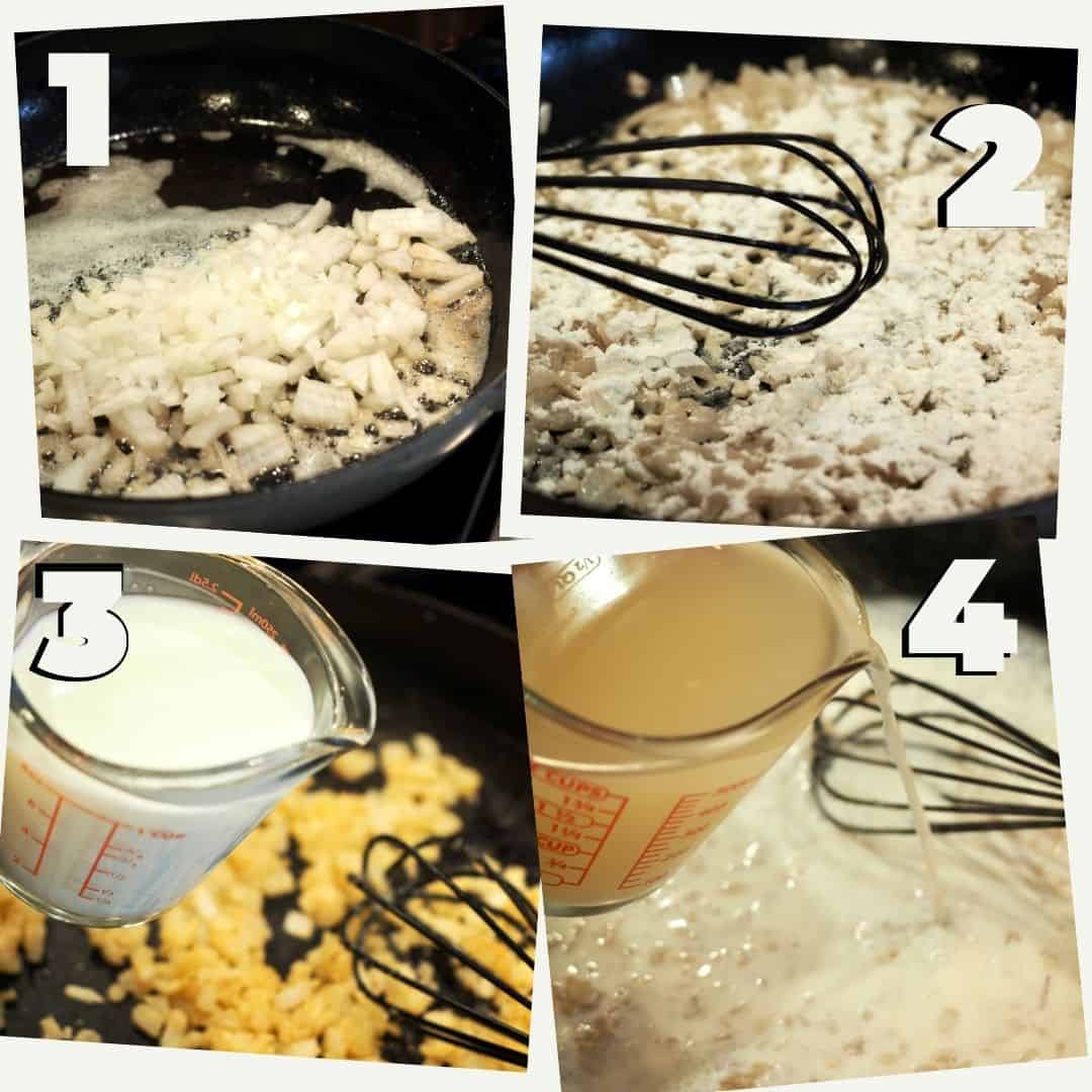 Process shots for Cheesy Funeral Potatoes, left to right, onions sauted, added flour, pouring milk and chicken broth.