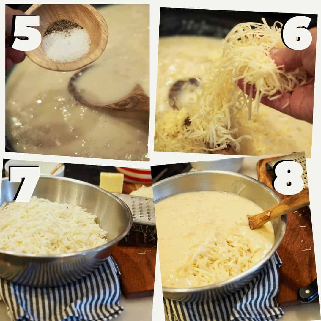 process shots for cheesy funeral potatoes, 5 add salt and pepper #6 add shredded cheeses #7 pour over thawed frozen hash browns #8 Stir to mix ingredients together