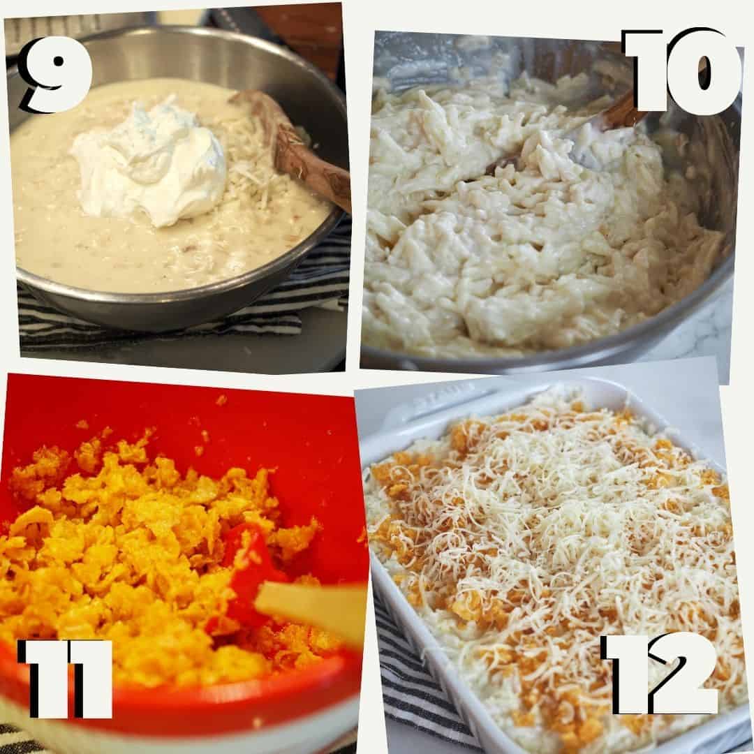 Process shots for cheesy funeral potatoes. #9 add sour cream #10 Stir to combine # 11 add melted butter to corn flakes #12 casserole ready for oven