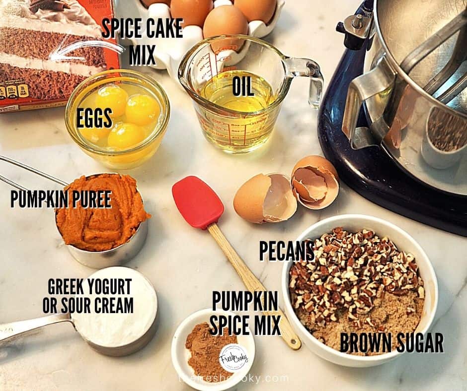 List of ingredients for Pumpkin Spice Cake with images of each item and print over that item.