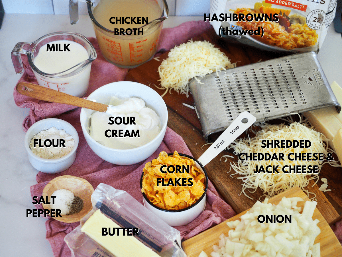 Labeled ingredients for hashbrown casserole, party potatoes.