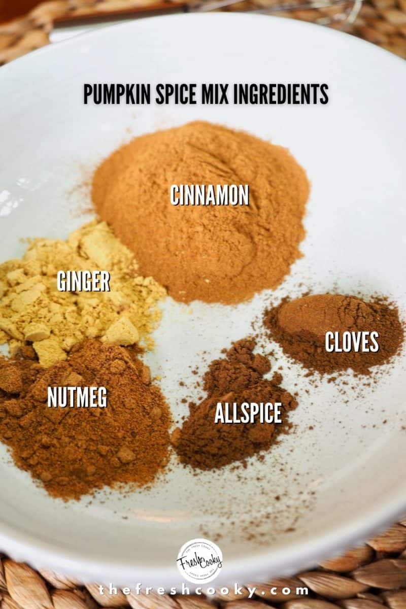 Ingredients for Pumpkin Pie Spice mix. White bowl with piles of cinnamon, cloves, allspice, nutmeg and ginger