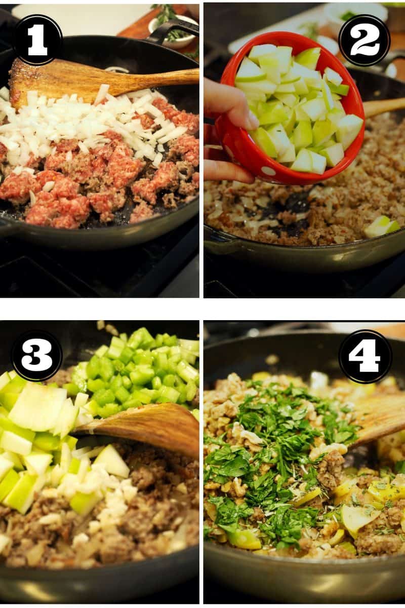 Process shots for stuffing recipe, 1. browning sausage and onions, 2. adding apples, 3. adding celery and garlic. 4. Adding walnuts and herbs.