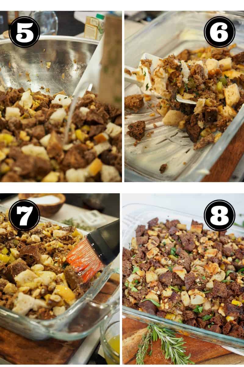 Process shots for stuffing. 5. Pouring chicken stock over cubed bread. 6. Placing mixed stuffing in buttered baking dish. 7. Brushing tops with butter. 8. baked and ready stuffing