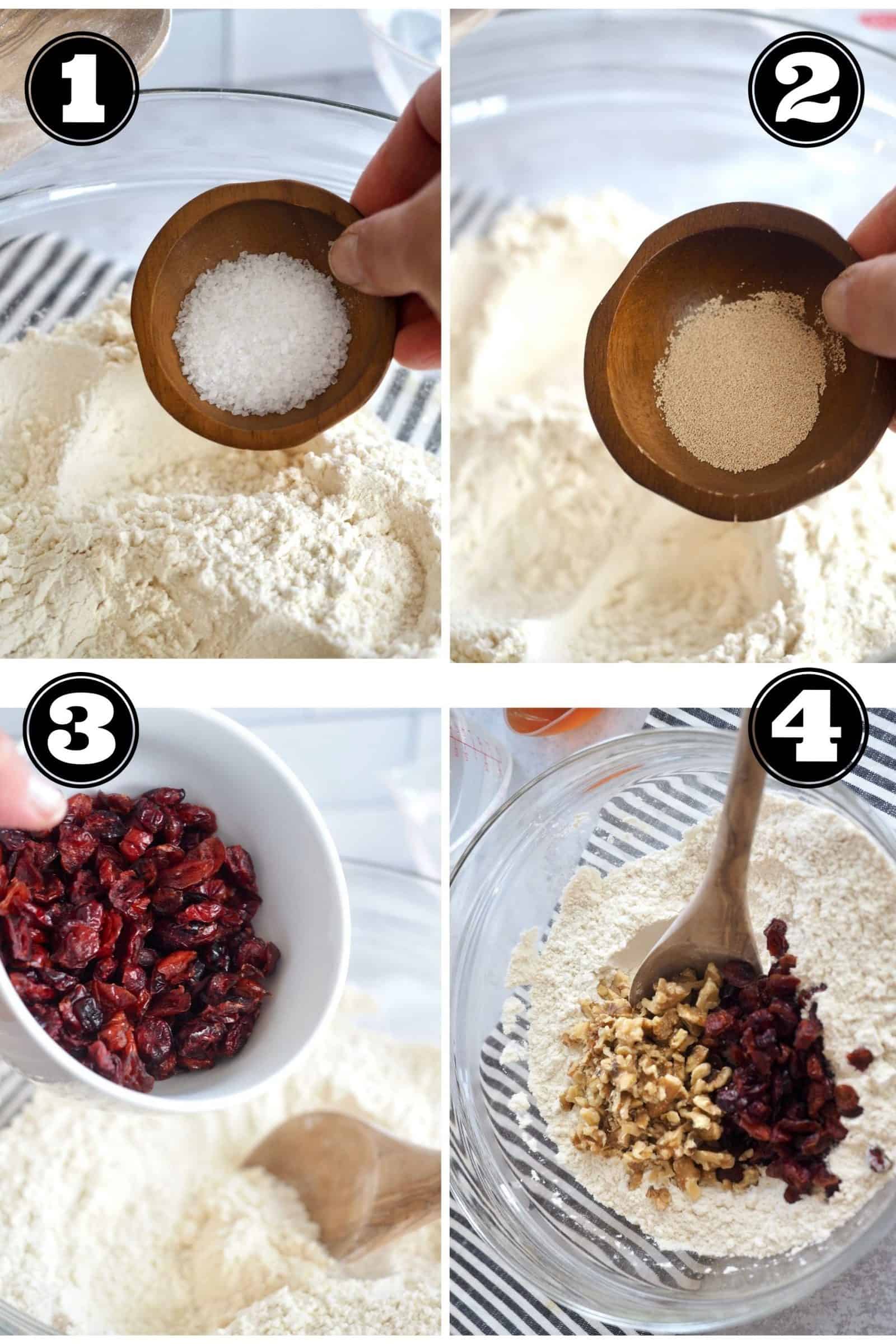 Process shots for no knead bread. 1. adding salt. 2. adding yeast. 3 adding cranberries and 4. adding walnuts and stirring into flour mixture.