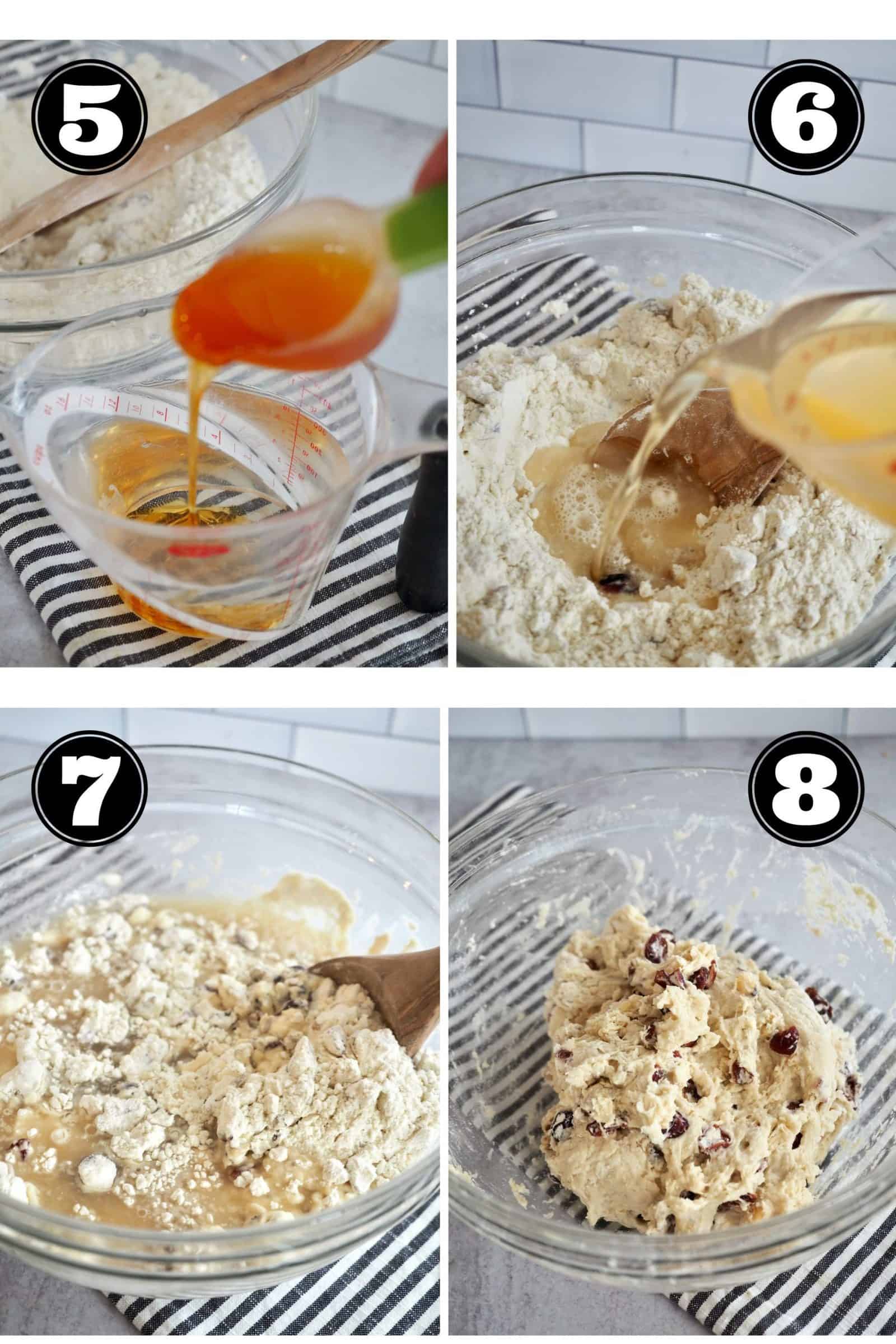 Process shots for no knead bread. 5. pouring honey into warm water. 6. pouring honey water into flour mixture. 7. stirring well with wooden spoon. 8. rustic dough in glass bowl.