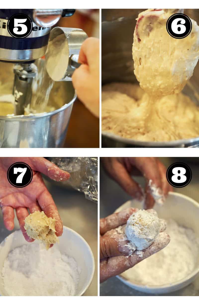 Eggnog cookies process shots 5. adding flour and eggnog 6. sticky batter 7. hand holding gooey cookie ball. 8. rolling ball in powdered sugar