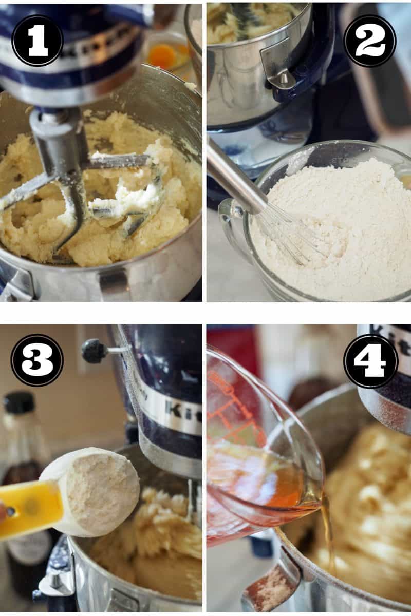 Process shots for Greek Butter Cookies. 1. creaming butter, sugar and vanilla. 2. Whisking cake and all purpose flour and baking powder. 3. Adding flour to butter mixture. 4. pouring cinnamon water into dough