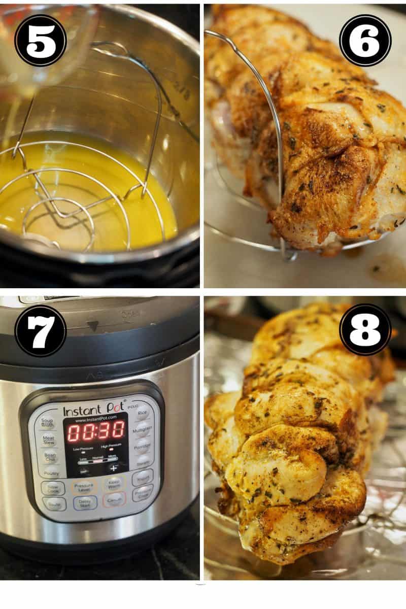 Process shots for Instant Pot Turkey Breast. 5. Pour Orange Juice and pan drippings into instant pot. 6. Placing seared turkey breast onto trivet. 7. Instant Pot set to 30 minutes. 8. Finished Turkey breast.