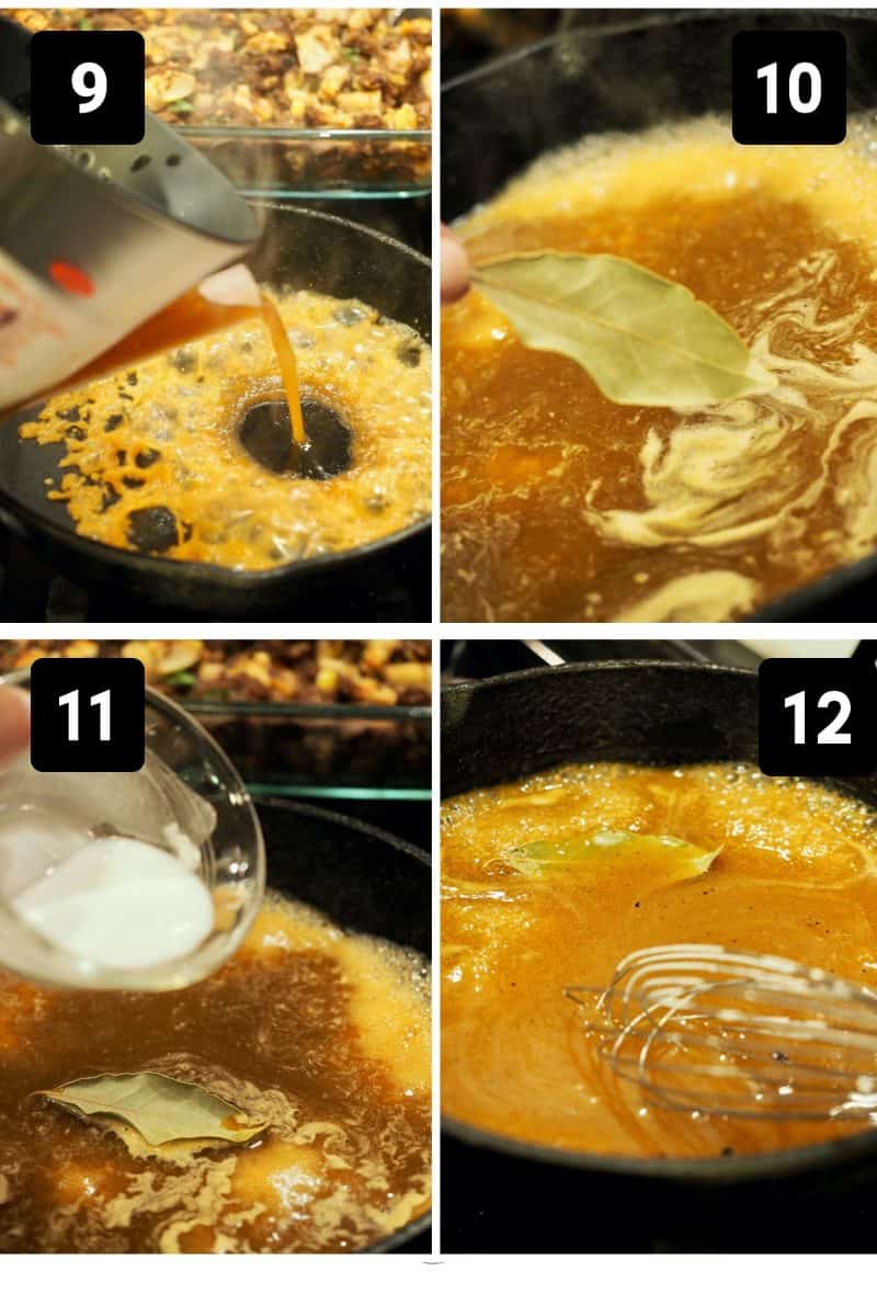 Process Shots for Instant Pot Turkey Gravy. L - R 9. Pour separated turkey drippings (from fat) into hot skillet. 10. Add bay leaf. 11. whisk in cornstarch slurry. 12. bring to simmer until thickened, adding additional chicken or turkey stock as needed.
