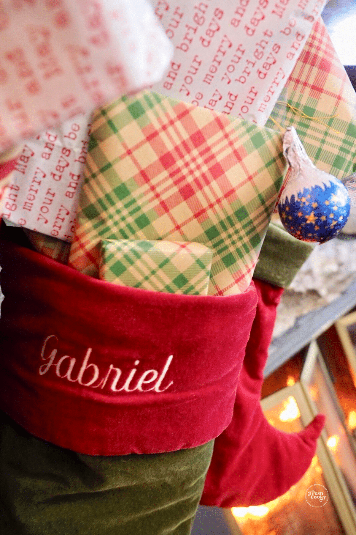 Close up of stuffed Christmas stockings.