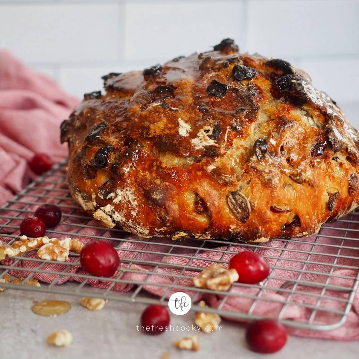 Whole loaf of cranberry walnut bread with fresh cranberries and walnuts lying around the loaf.
