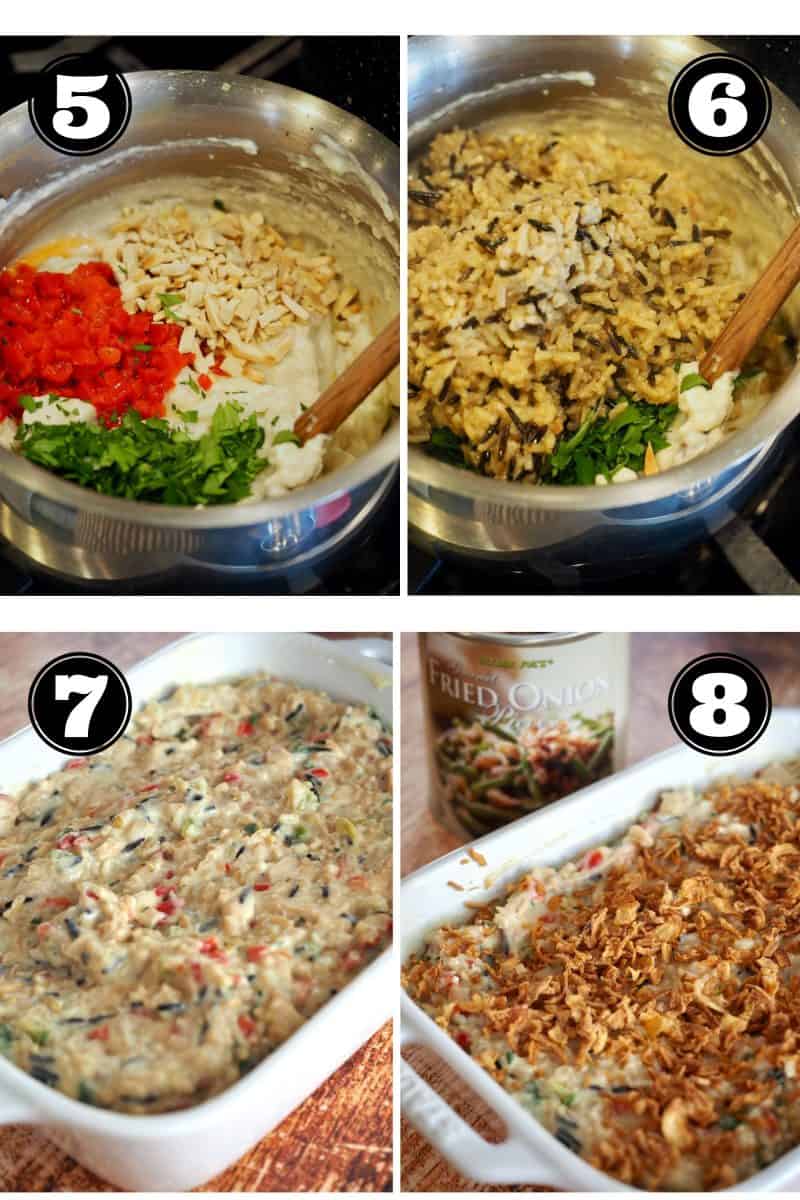 process shots for rice casserole. 5. adding parsley, almonds, pimientos. 6. adding cooked wild rice blend. 7. casserole in buttered dish. 8. Topping with crispy fried onions.