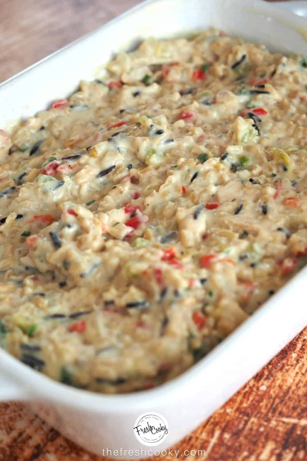 image of ready to go in the oven chicken and wild rice casserole