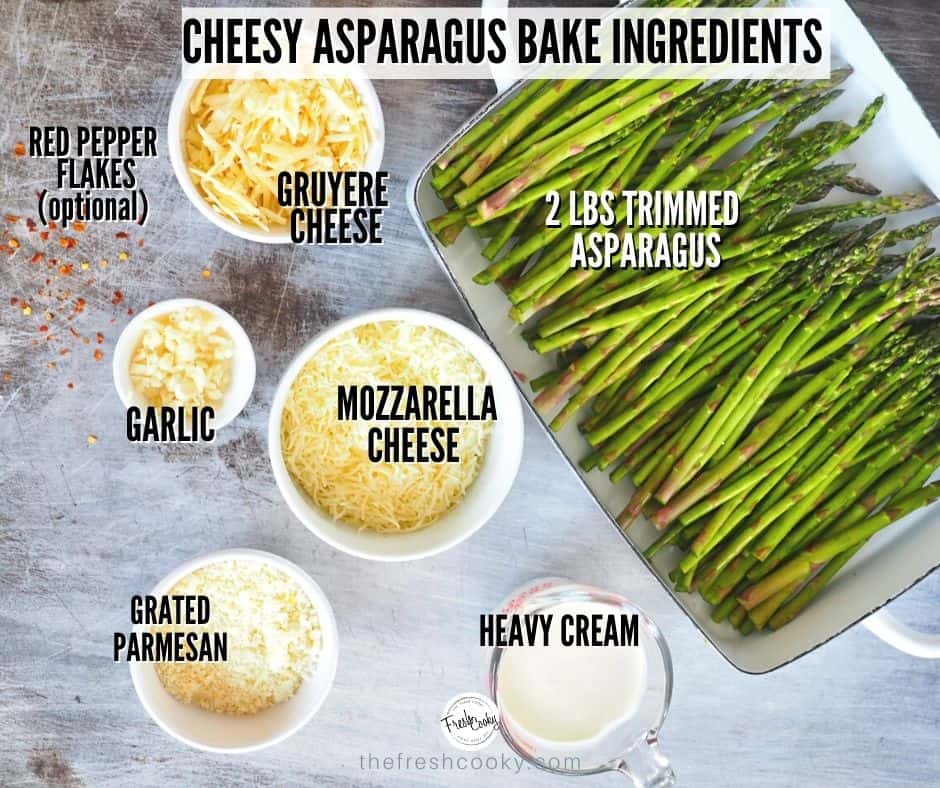 Cheesy Asparagus Bake ingredients. L-R gruyere cheese, trimmed asparagus, heavy cream, gruyere cheese, mozzarella and minced garlic