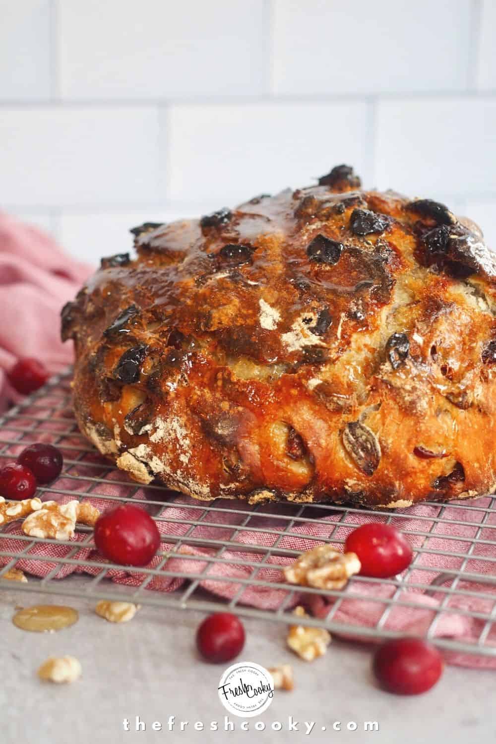 Loaf of freshly baked cranberry walnut bread on cooling rack with red napkin underneath and fresh cranberries and walnuts tossed around.