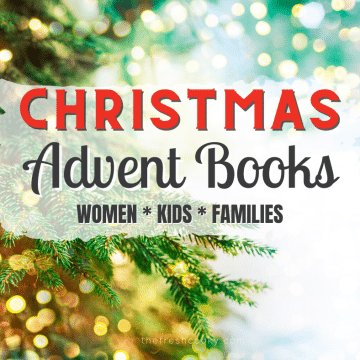 Christmas Advent Books gift kid for women, kids and families with Christmas tree with snow behind and twinkle lights.