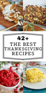 Pin for best Thanksgiving Recipes and menu ideas with images of turkey, stuffing, cranberry relish and corn pudding.