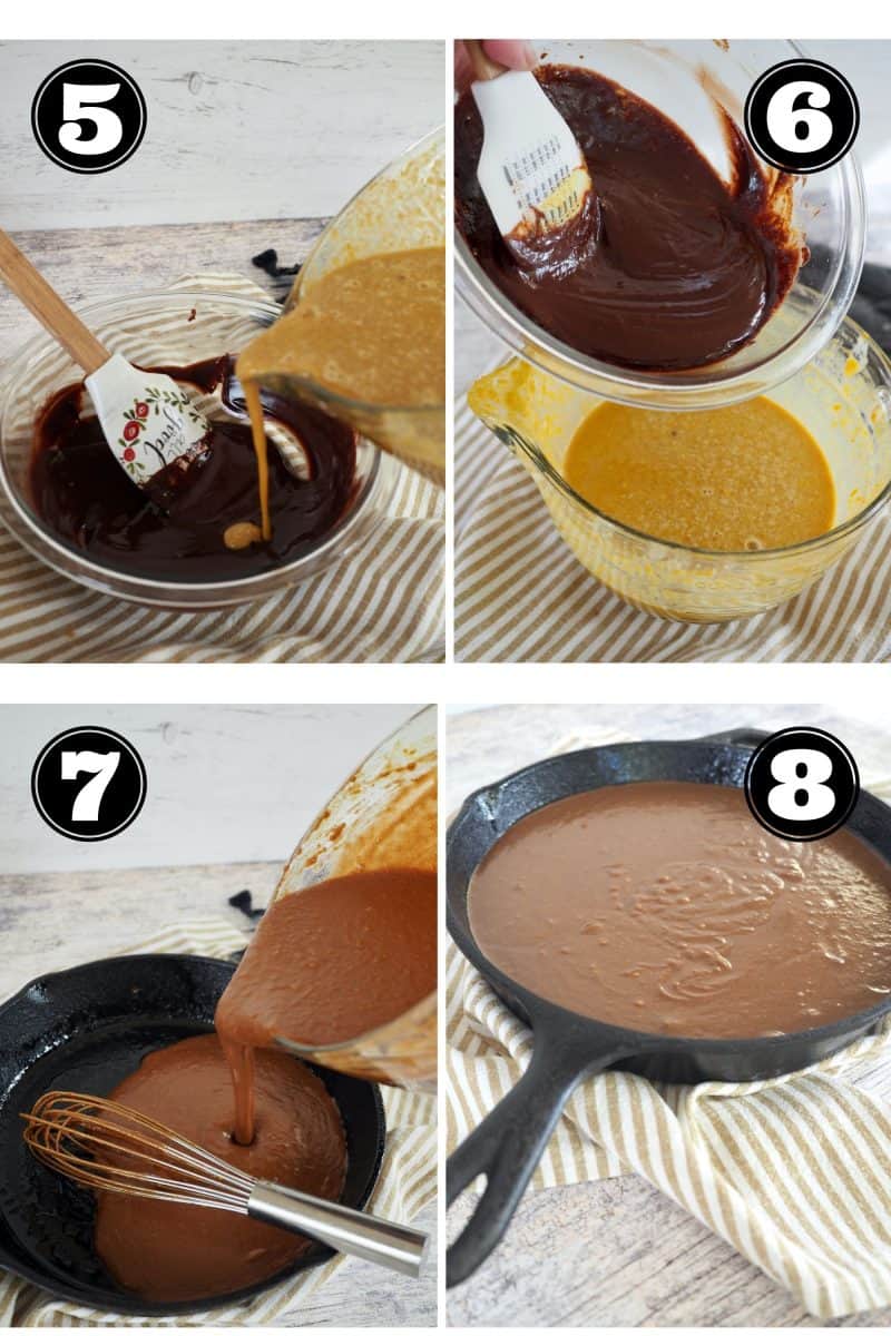 Process shots for chocolate pumpkin crisp. 5. Pouring a little pumpkin mixture into warm chocolate to temper. 6. Adding cooled and tempered chocolate mixture to pumpkin. 7. Pouring into prepared skillet. 8. Ready for the crisp topping