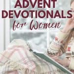 Pinterest Image for Best Advent devotionals for women with woman sitting near window, with book and snuggly blanket while it snows outside.