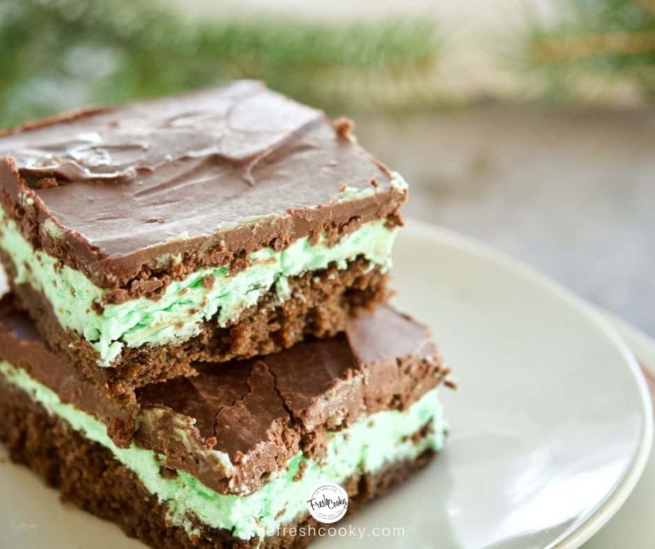 Horizontal shot of two Grasshopper layered brownies on a white plate with greenery behind it.