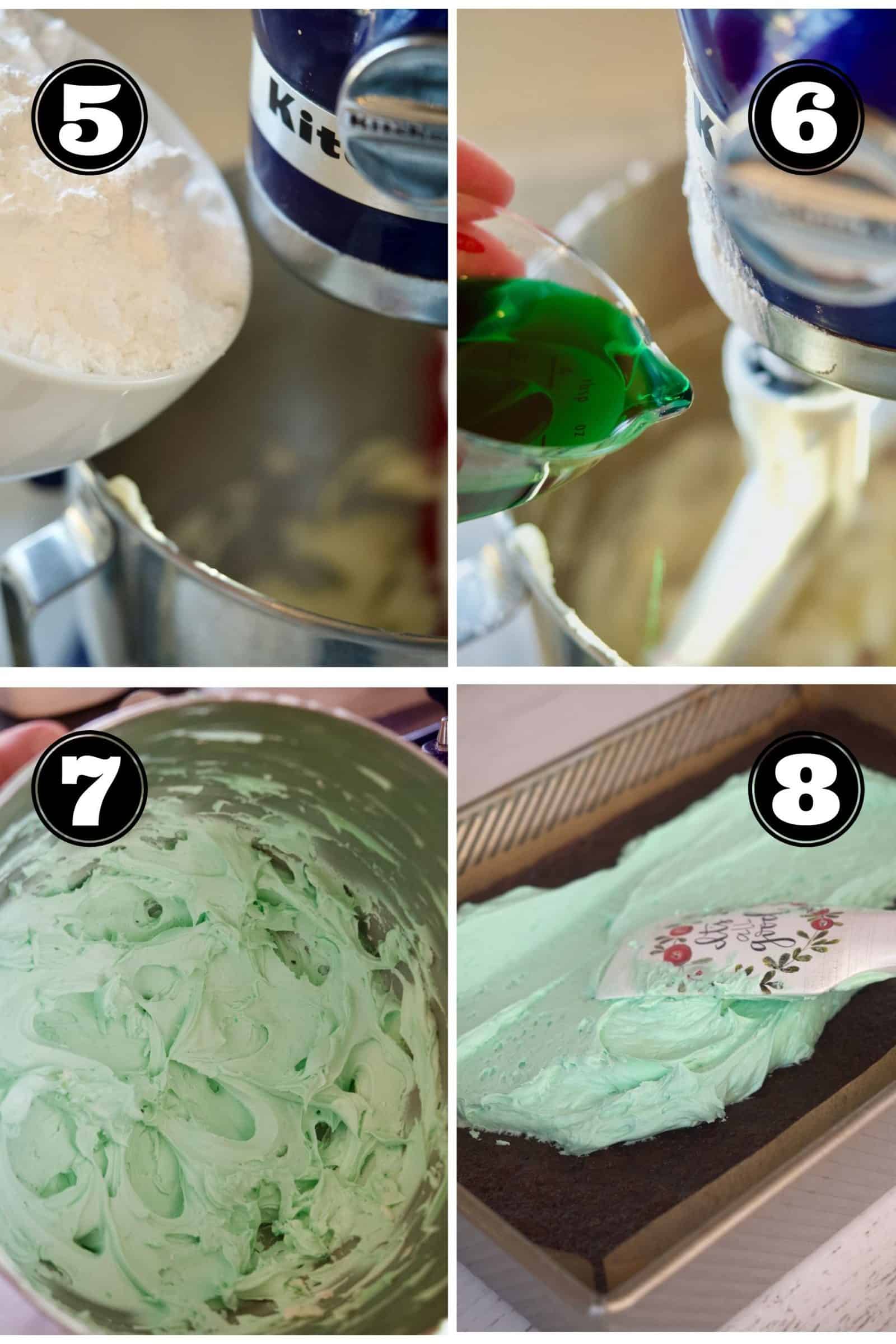 Process shots for Creme De Menthe filling. 5. pouring powdered sugar in with butter. 6. adding creme de menthe 7. fluffy green buttercream. 8. spreading on cooled brownies.