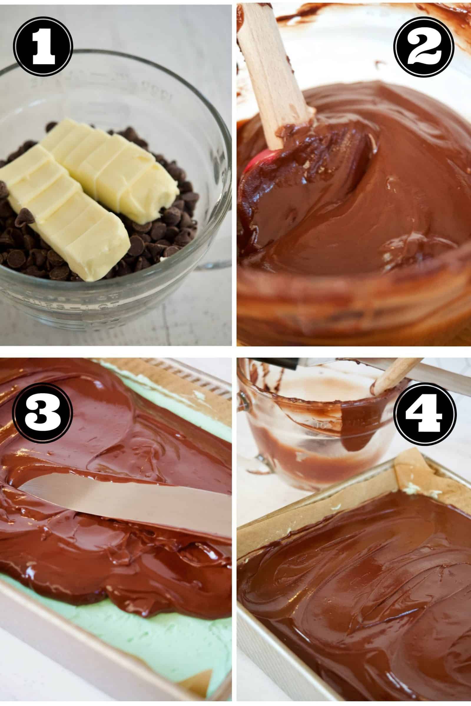 Process shots for chocolate ganache layer for mint chocolate brownies, butter and chocolate chips, after melting and spreading on mint layer, finished mint chocolate brownies.
