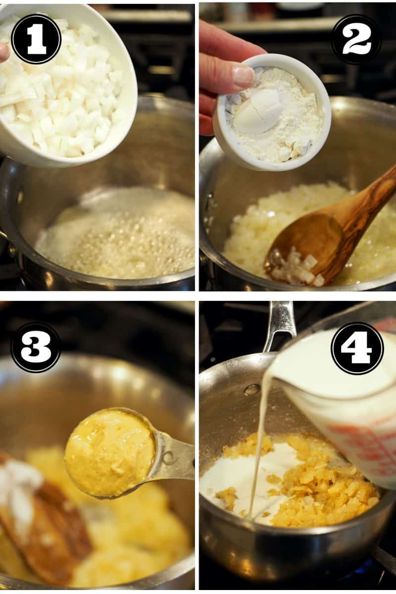 Process shots for turkey divan. 1. Adding chopped onion to melted butter. 2. Stirring in all purpose flour. 3. Adding Dijon mustard. 4. adding whole milk