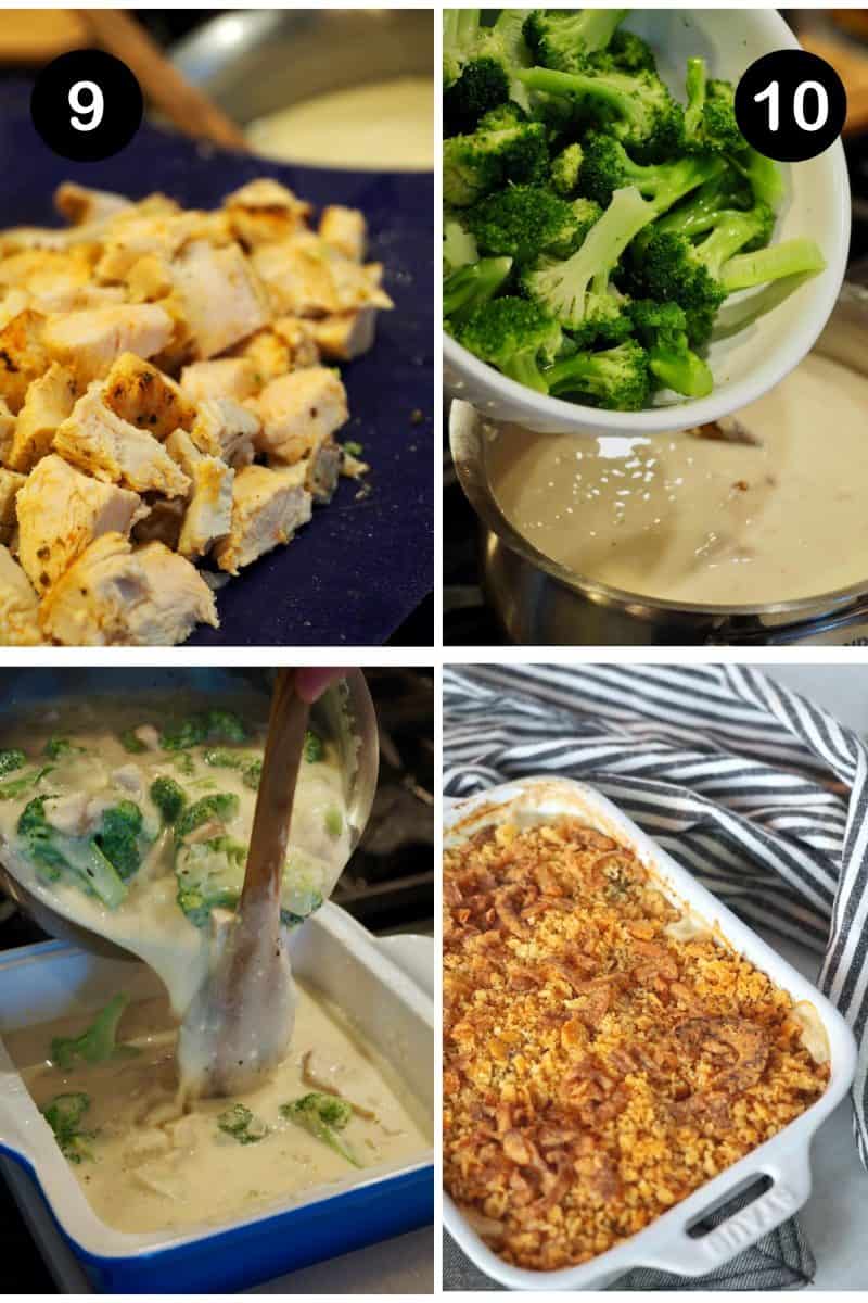 Process shots for Turkey Divan Recipe 9. Adding leftover turkey 10. Adding broccoli florets 11. Pouring mixture into baking dish 12. topped with cracker topping.