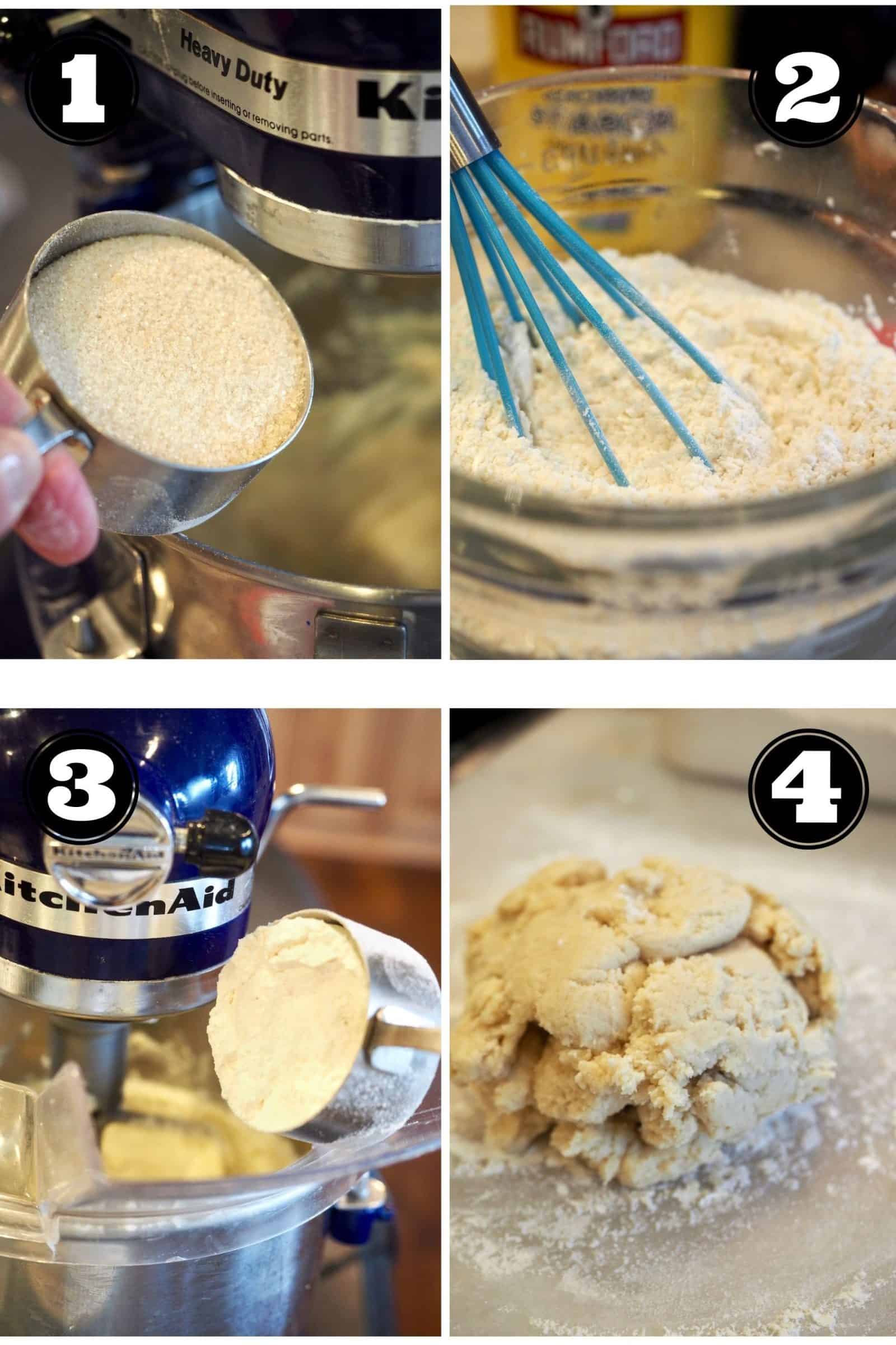 Process shots for Classic shortbread cookies. 1. adding sugar to butter. 2. whisking together salt, flour and cornstarch. 3. adding flour mixture to sugar/butter mix. 4. crumbly dough before kneading.