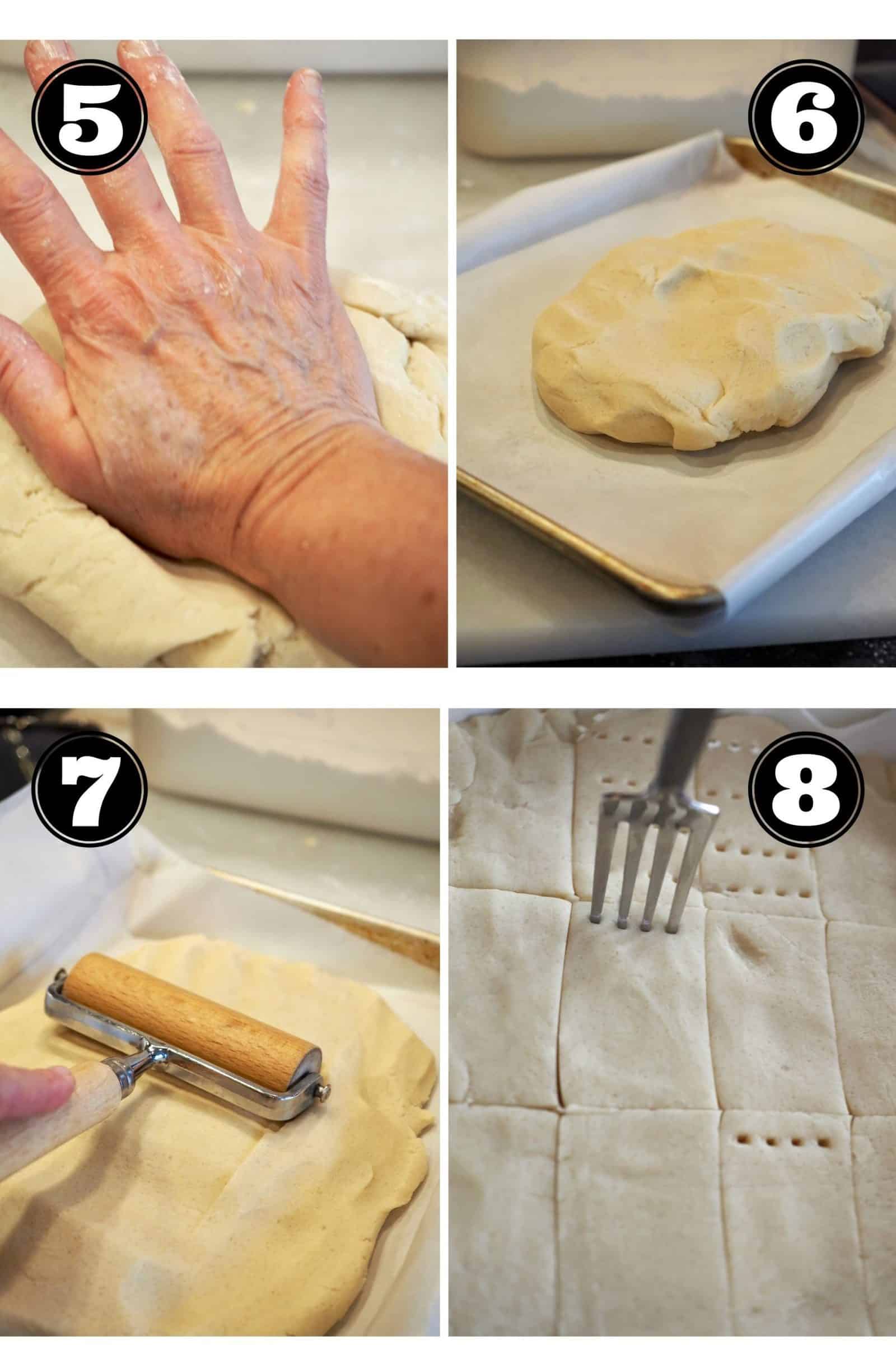 Process shots for classic shortbread cookies. 5. kneading dough smooth. Placing in jelly roll pan. 7. smoothing into pan. 8. pricking with fork and scoring.