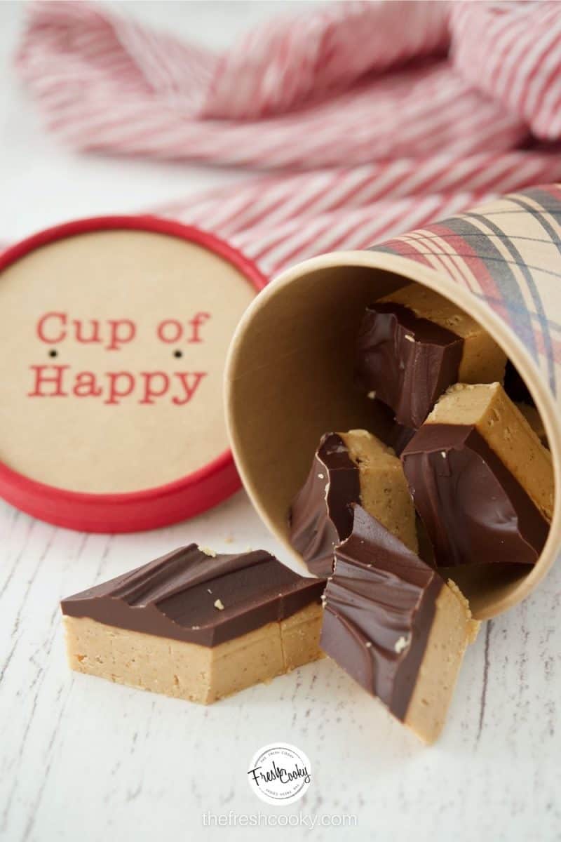 A small gift bucket filled with pieces of Buckeye Bar pieces spilled onto the counter top. Cup of Happy lid in the background.