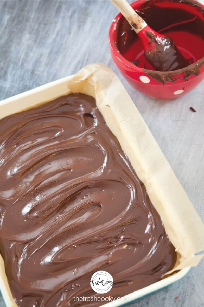 Smoothed on chocolate mixture for finished peanut butter buckeye bark