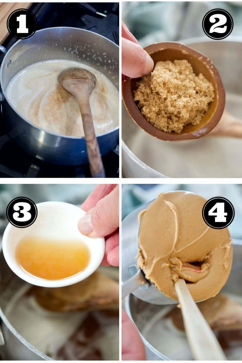 Process Shots for Buckeye Bars 1. browning the butter. 2. Adding brown sugar. 3. adding vanilla, 4. adding peanut butter.