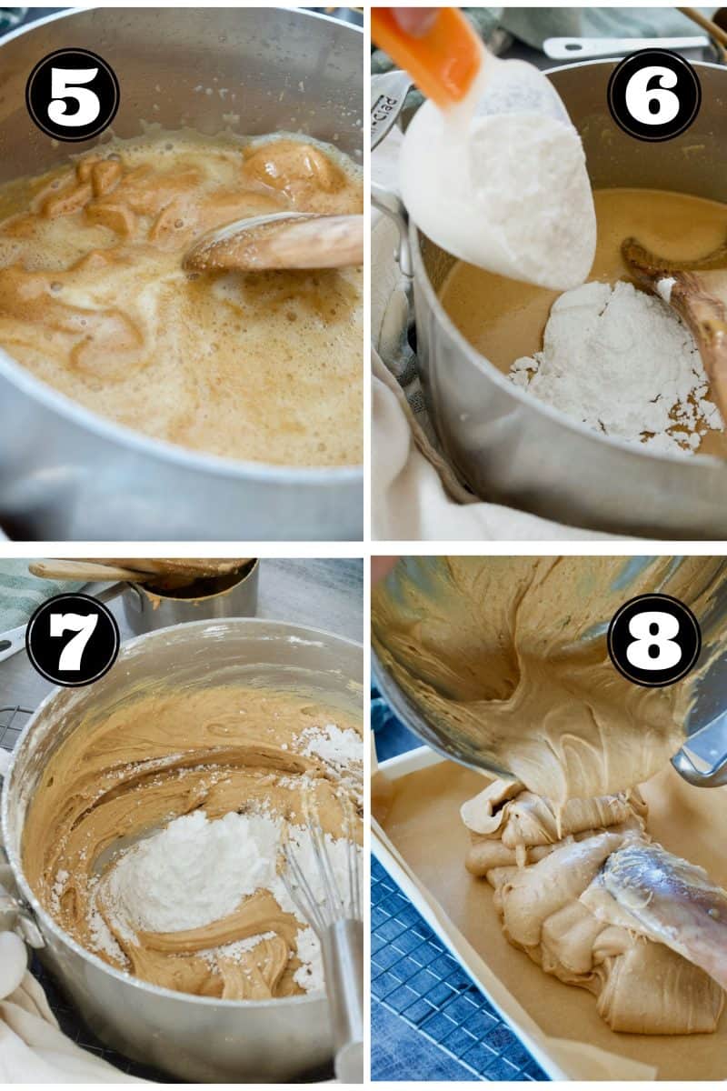 Process shots for buckeye bars. 5, Stirring in peanut butter. 6. adding sifted powdered sugar. 7. whisking powdered sugar into peanut butter. 8. pouring into prepared pan.