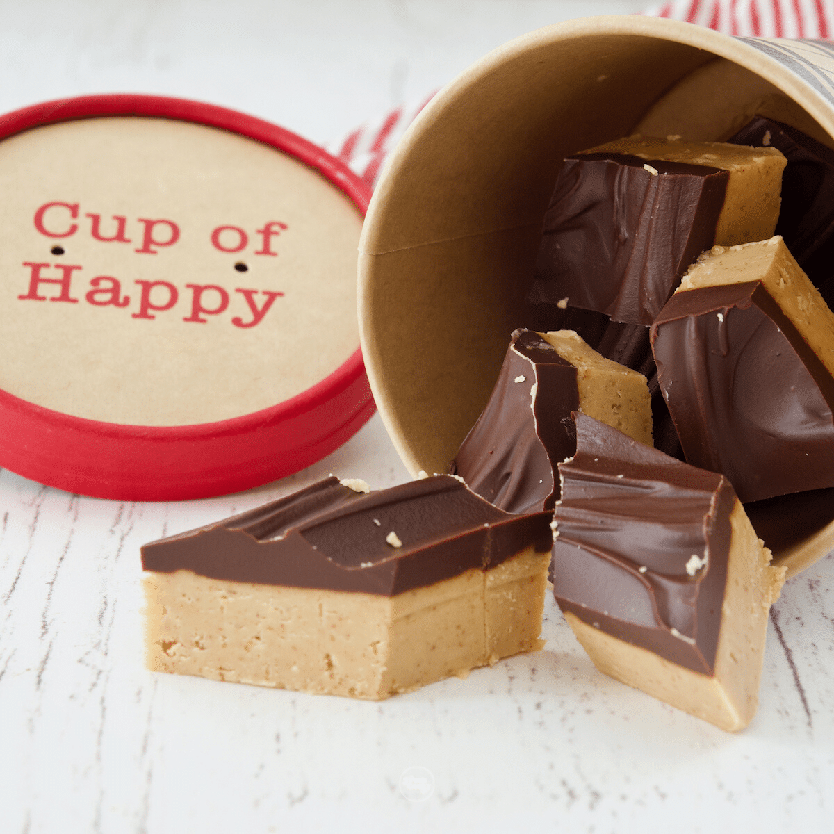 Cut up buckeye bars in a cute snack cup for gifting.