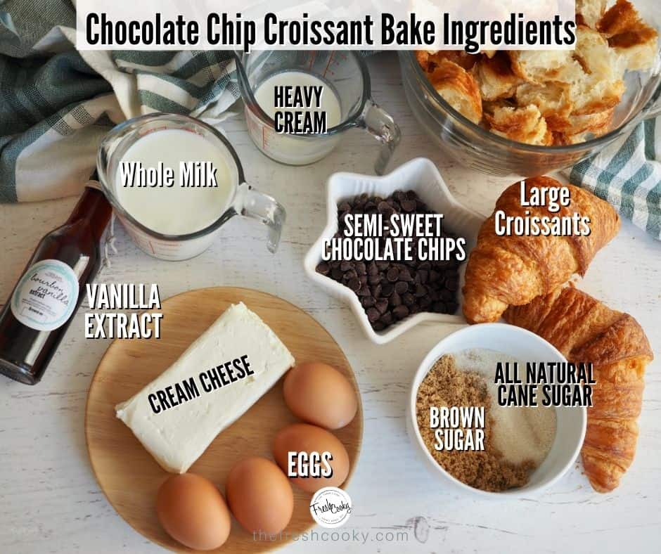 Ingredient Image for Chocolate Chip Croissant Bake with labels on each of the ingredients
