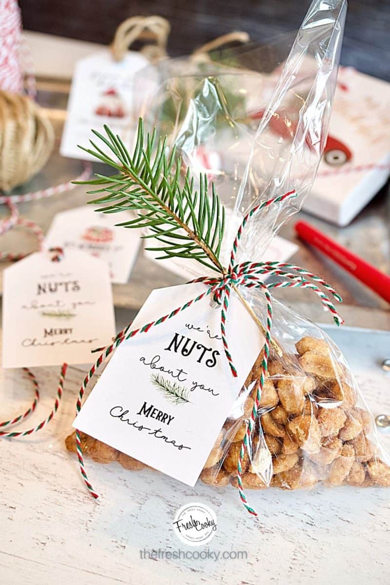 We're Nuts about You! Gift tag on a package of peanuts tied with twine and a sprig of evergreen. Free downloaded gift tags for Christmas