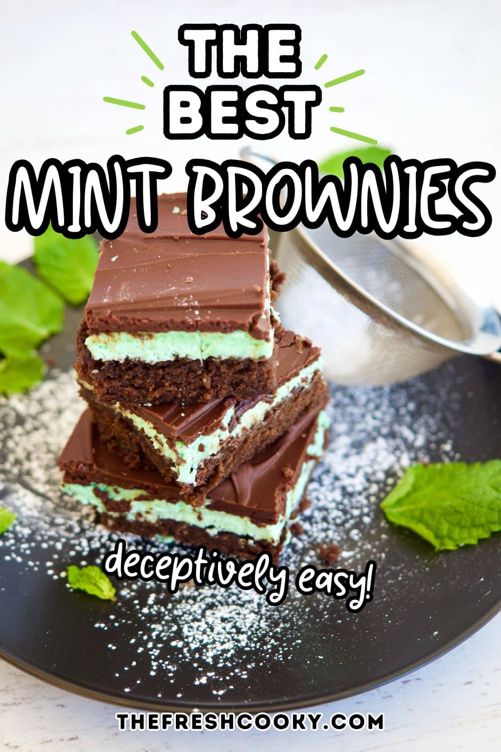 A stack of 3 mint fudge brownies on a plate, to pin. 