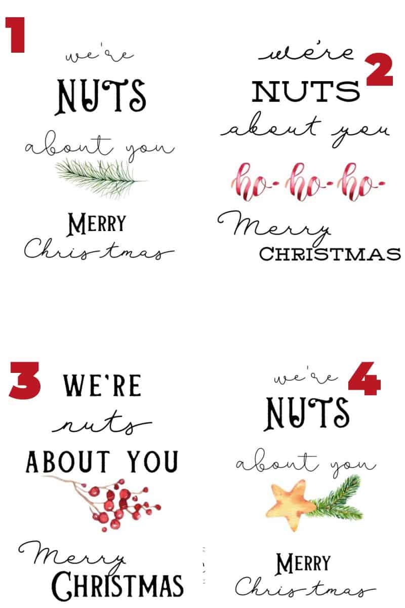 4 different designs of we're nuts about you gift tags.