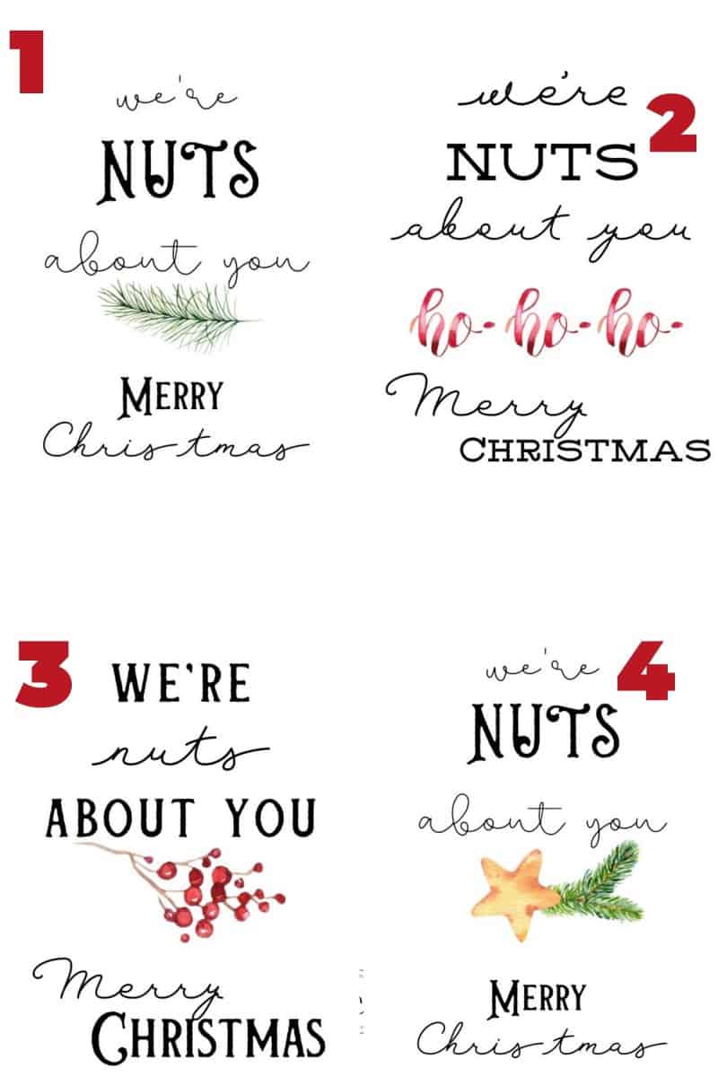 4 different designs of we're nuts about you gift tags.