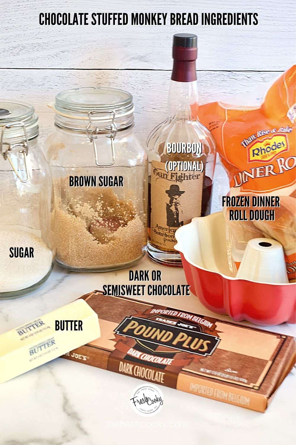 Ingredients for Chocolate Monkey Bread. L-R regular sugar, brown sugar, bourbon, Rhodes rolls, chocolate, butter.
